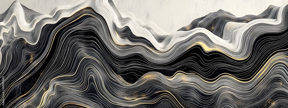 A black and white pattern of topographic lines, with a three-dimensional effect of mountains, featuring gold outlines and white backgrounds A black and white pattern of topographic lines, with a three-dimensional effect of mountains, featuring gold outlines and white backgrounds