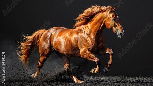 A stallion on a black background. portrait of a stunning dressage horse in golden color on a black background