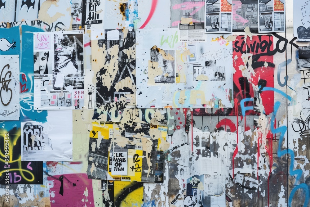 A vibrant urban wall covered with a mix of posters, graffiti, and paint splatters. The collage features black and white images, colorful tags, and various textures. A vibrant urban wall covered with a mix of posters, graffiti, and paint splatters. The collage features black and white images, colorful tags, and various textures.