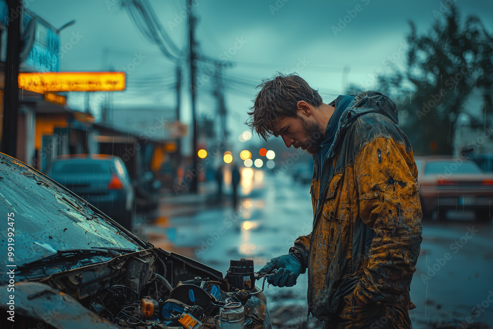 A man trying to fix a broken car on the side of the road, clearly struggling and frustrated. Concept of mechanical failures and everyday problems. A man trying to fix a broken car on the side of the road, clearly struggling and frustrated. Concept of mechanical failures and everyday problems.