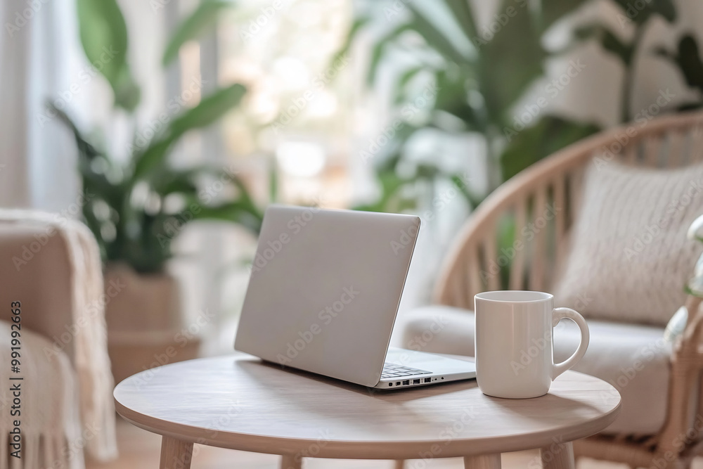 Cozy home office with a laptop and coffee cup on a wooden table, surrounded by lush indoor plants Cozy home office with a laptop and coffee cup on a wooden table, surrounded by lush indoor plants