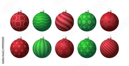 Christmass ball set, vector illustration of a green and red xmas balls with different patterns on a plain backgrounds.