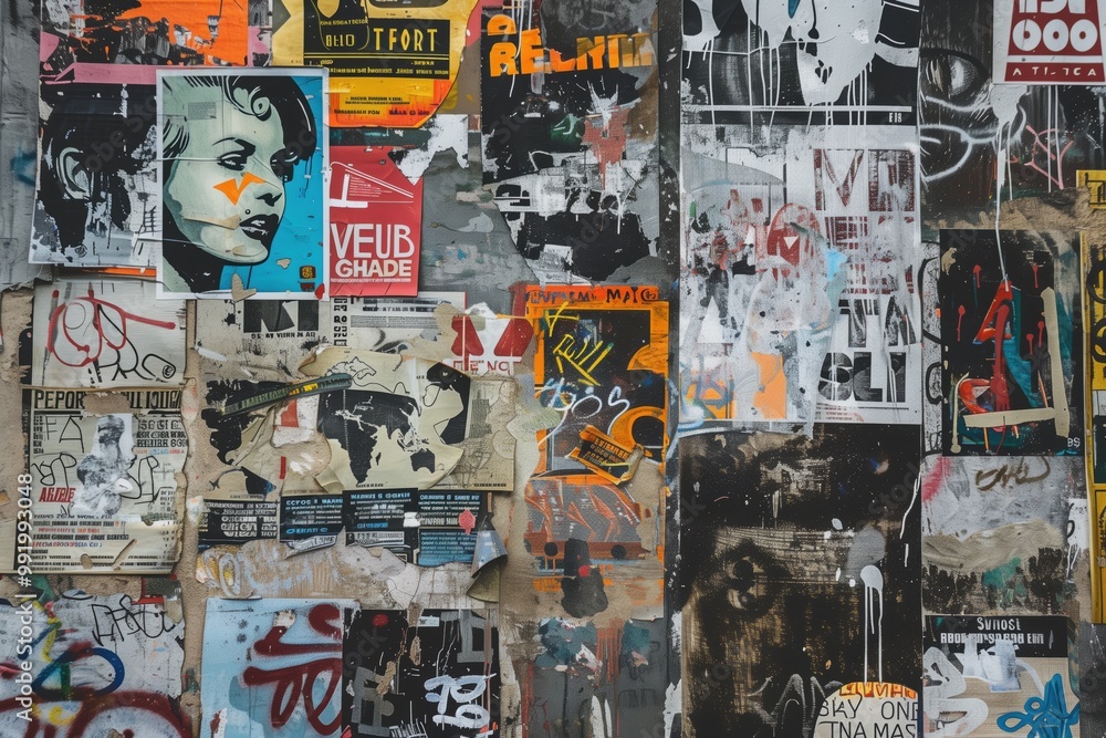 Obraz premium A textured wall covered with various posters, advertisements, and graffiti. The colorful layers of paper and paint create an urban art aesthetic, showcasing a mix of styles and messages.