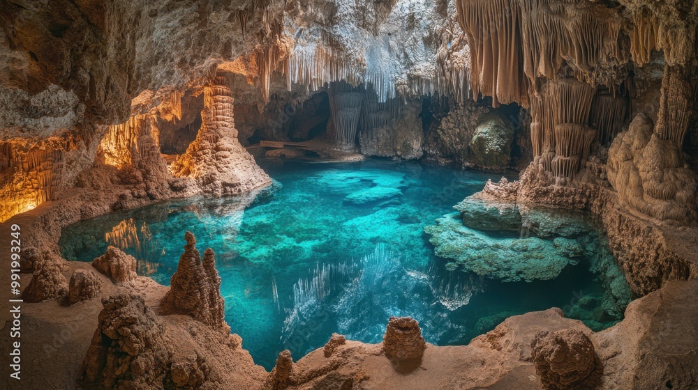 A majestic natural cave system with intricate rock formations and crystal-clear water, creating a captivating A majestic natural cave system with intricate rock formations and crystal-clear water, creating a captivating