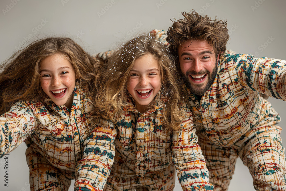 A family wearing matching Christmas pajamas, but each member has a different, clashing pattern. Concept of holiday fashion gone wrong. A family wearing matching Christmas pajamas, but each member has a different, clashing pattern. Concept of holiday fashion gone wrong.