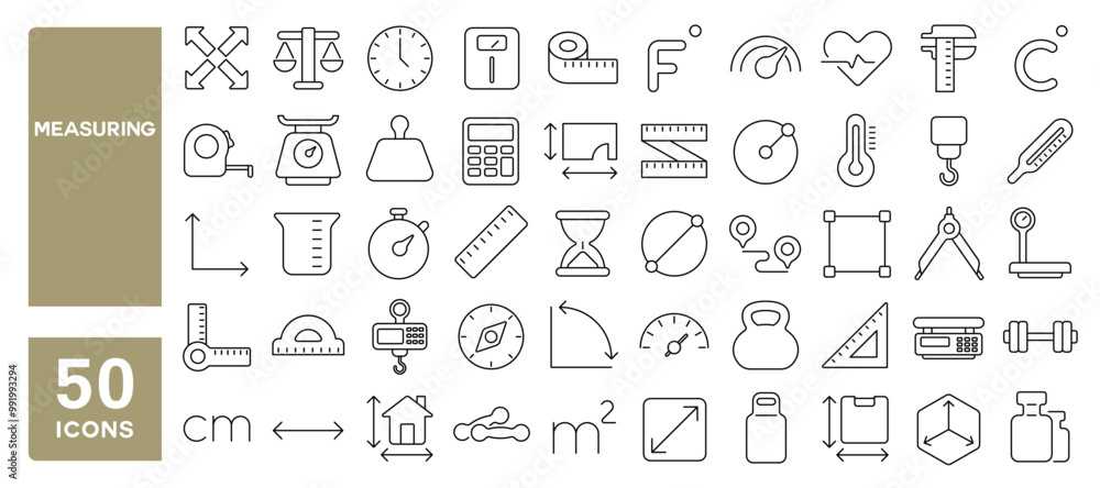 Set of 50 line icons related to measuring, measure, measurement, scale, ruler, size, dimension, temperature, length, width, height, volume, scales, Editable stroke. Vector illustration