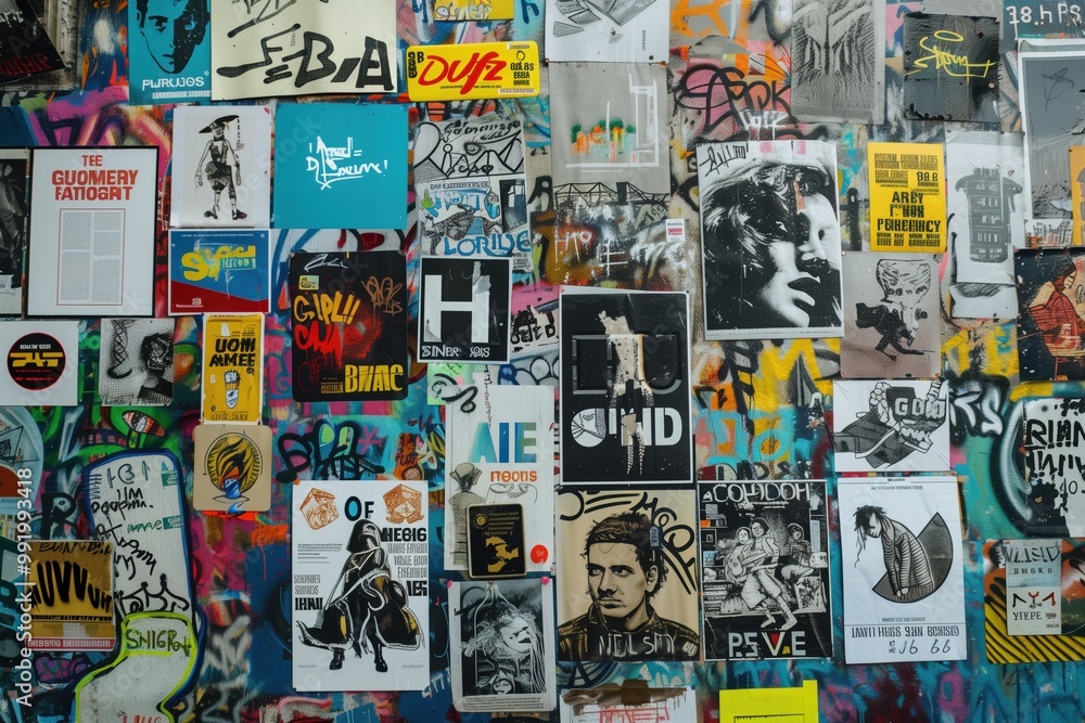 Naklejka premium A vibrant collage of posters and graffiti on a wall, featuring various artistic styles and colors. The wall is covered with a mix of black and white images, colorful graphics.