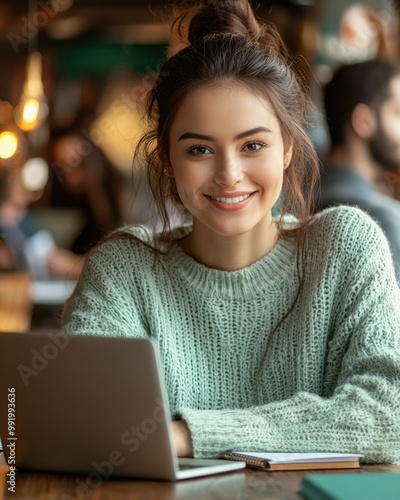 A cheerful young woman sits at a table, engaged with her laptop in a warm coffee shop setting