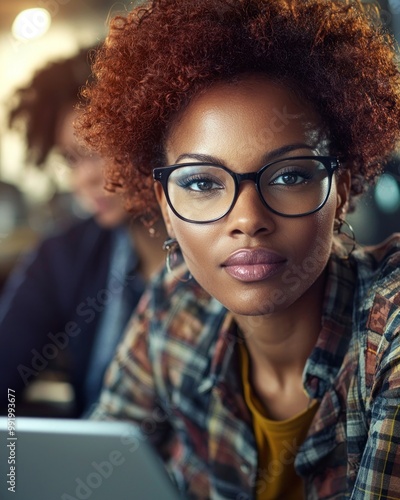 A woman with natural hair and glasses concentrates on her tasks amid a vibrant coworking environment
