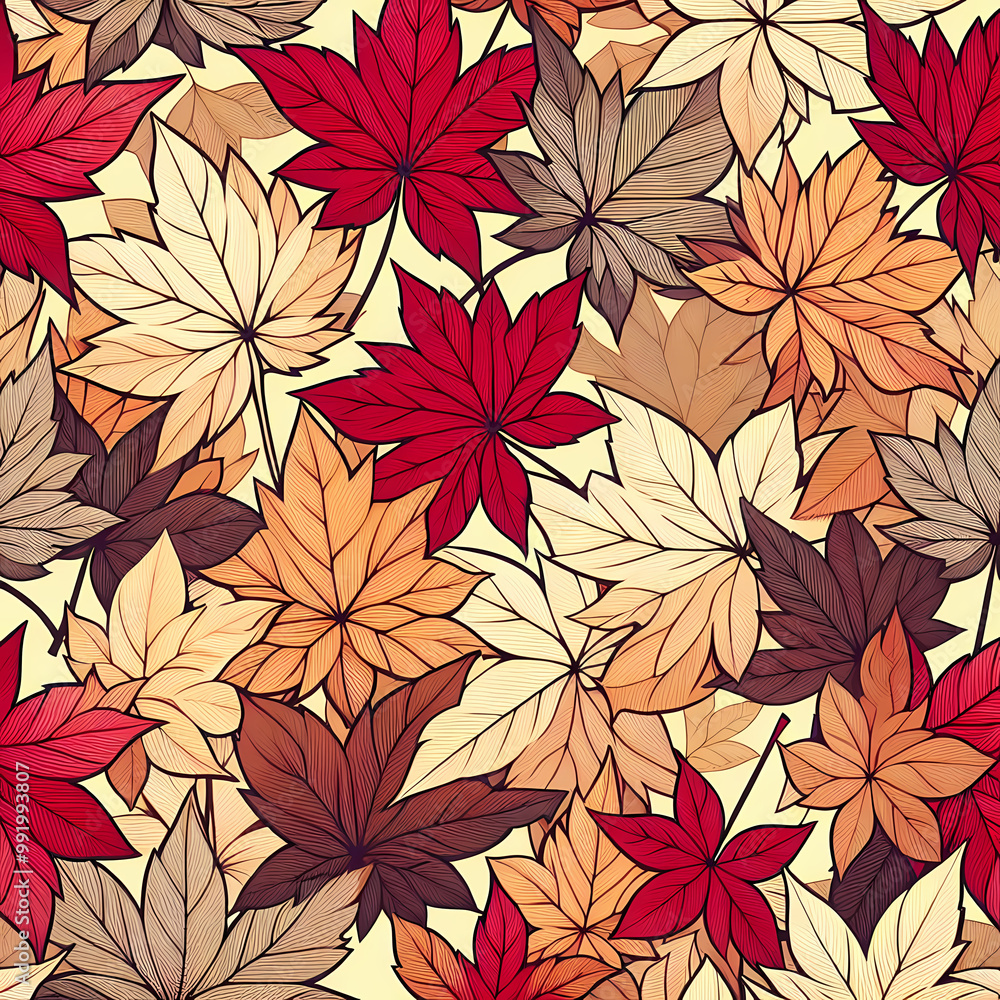 Red and Gold Maple Leaves on Beige Background Red and Gold Maple Leaves on Beige Background