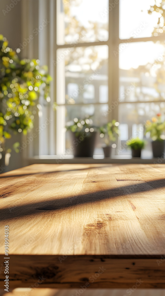 Contemporary wooden table setup featuring potted plants and minimalist aesthetic