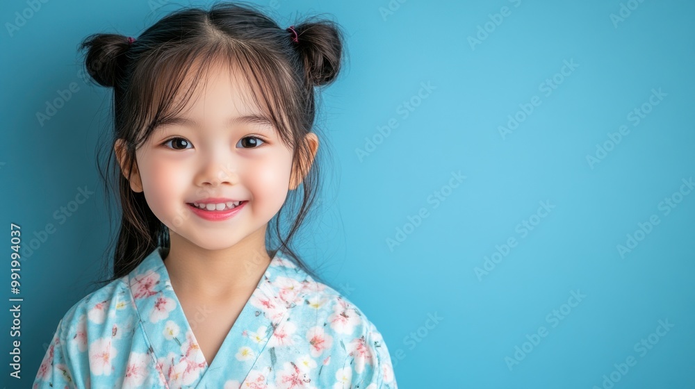 A girl with pigtails smiles brightly while dressed in a colorful kimono, standing in front of a blue wall A girl with pigtails smiles brightly while dressed in a colorful kimono, standing in front of a blue wall