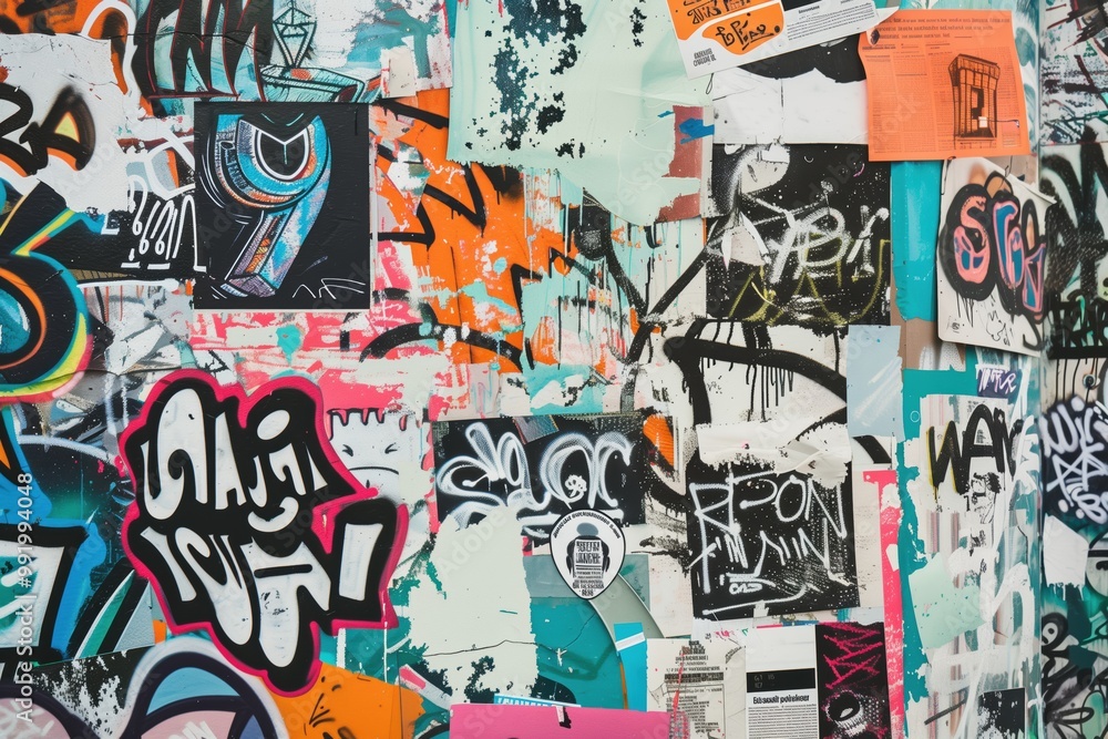 Naklejka premium A vibrant wall covered in various styles of graffiti and posters, showcasing a mix of colors and artistic expressions. The collage features bold lettering, abstract designs.