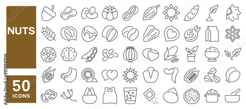 Set of 50 line icons related to nuts, seeds, beans, walnut, sesame, coffee, almond, pecan, peanut, soy, cashew, walnut, corn, hazelnut, pumpkin, sunflower, cacao, Editable stroke. Vector illustration