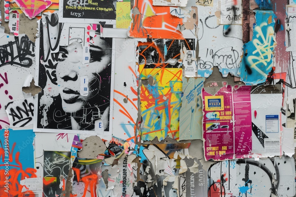 A vibrant urban wall covered in layers of graffiti and posters, featuring a striking black-and-white face illustration amidst colorful splashes of paint and torn paper. A vibrant urban wall covered in layers of graffiti and posters, featuring a striking black-and-white face illustration amidst colorful splashes of paint and torn paper.