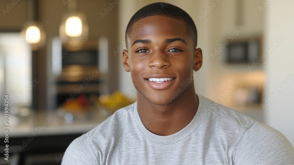 A cheerful young man is seated in a stylish kitchen, enjoying the warm sunlight and relaxed atmosphere A cheerful young man is seated in a stylish kitchen, enjoying the warm sunlight and relaxed atmosphere