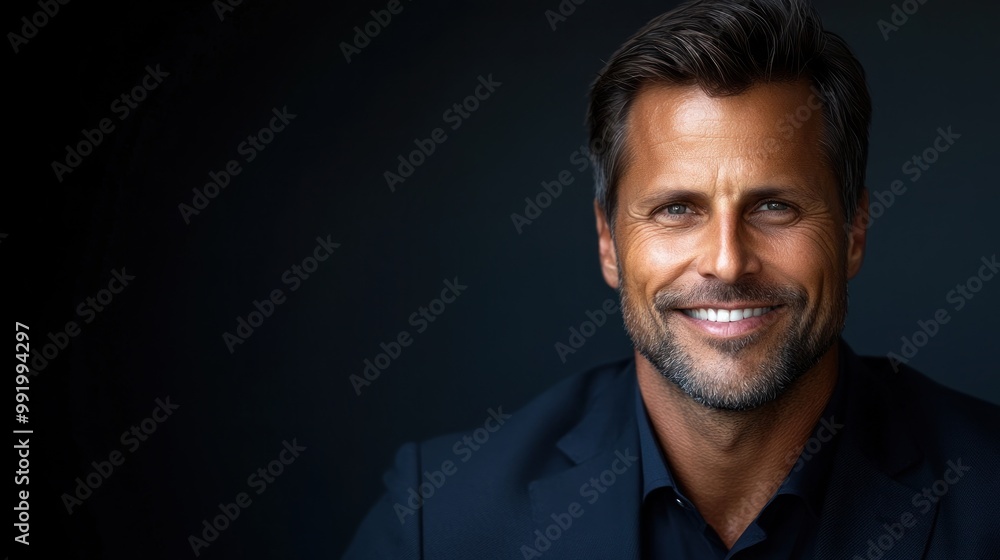 Fototapeta premium A confident man with a warm smile is dressed in a formal suit, radiating charm during an evening gathering
