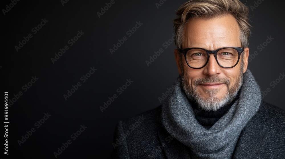 A mature gentleman with glasses exudes warmth while wearing a scarf in a stylish, dimly lit environment A mature gentleman with glasses exudes warmth while wearing a scarf in a stylish, dimly lit environment
