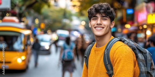 A cheerful young man stands on a busy street, enjoying the vibrant atmosphere of the city around him