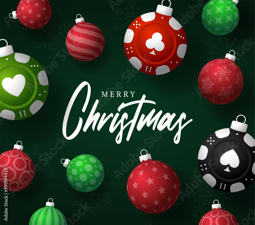 poker Christmas Greeting card. Merry Christmas and happy new year sport greeting card. Hang on a thread green and red xmas ball bauble