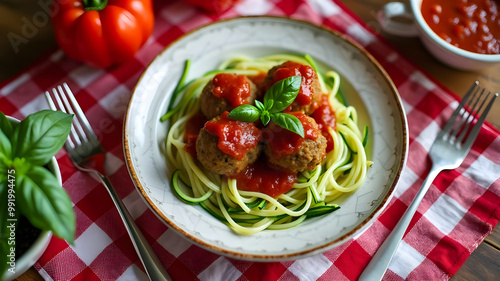 Top view of an Italian pasta dish made with zucchini noodles, cherry tomatoes, garlic, olive oil, and fresh basil, served with a small side of vegan cheese