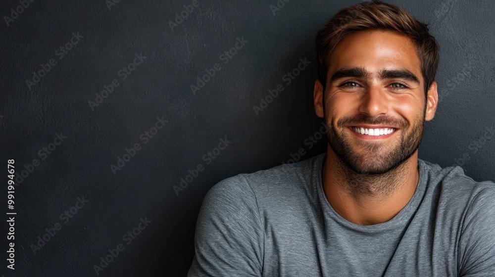 Obraz premium A young man with a beard smiles warmly, showcasing confidence and approachability while dressed casually