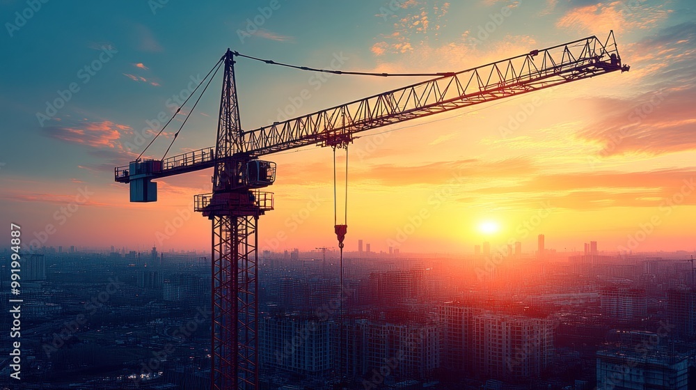 The construction crane stands tall as the sun sets, casting a warm glow over the cityscape below The construction crane stands tall as the sun sets, casting a warm glow over the cityscape below