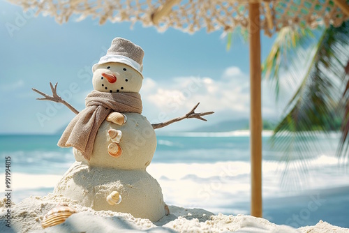 Sandman on a tropical beach made from sand with seashells and scarf under a palm tree umbrella concept for creative holiday fun