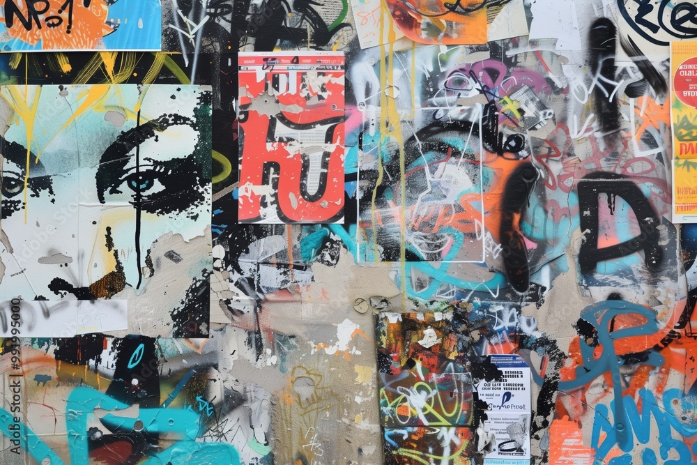 A vibrant urban wall covered in colorful graffiti and posters, featuring abstract faces and various artistic expressions. The mix of colors and textures creates a dynamic visual impact. A vibrant urban wall covered in colorful graffiti and posters, featuring abstract faces and various artistic expressions. The mix of colors and textures creates a dynamic visual impact.