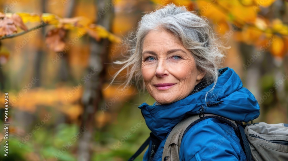 A woman with gray hair smiles while hiking in a colorful autumn forest with bright leaves A woman with gray hair smiles while hiking in a colorful autumn forest with bright leaves