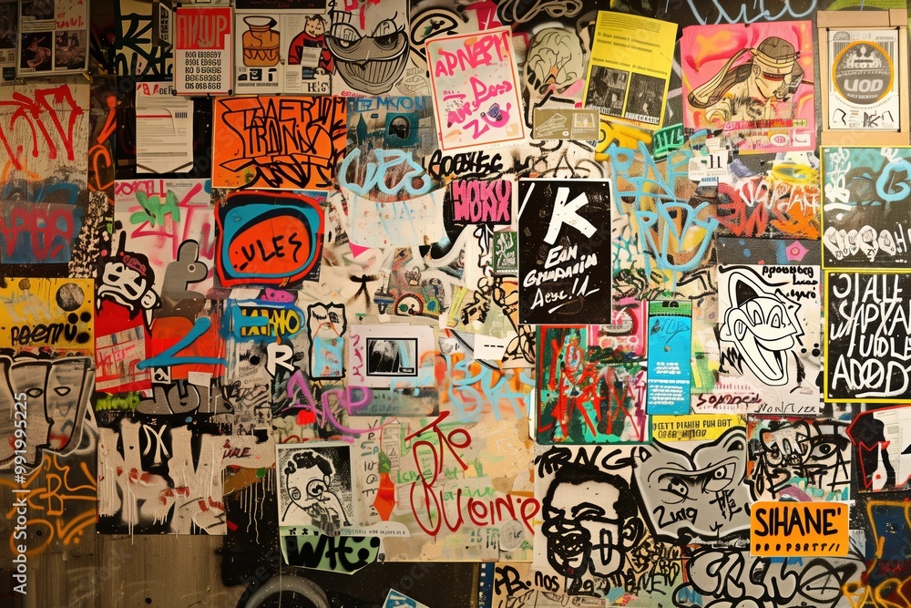 Obraz premium A vibrant wall covered with an eclectic mix of graffiti, posters, and stickers. The artwork features bold colors, abstract designs, and various artistic styles, creating a lively urban atmosphere.