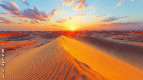 Golden sands ripple under a stunning sunset, illuminating the desert horizon with vibrant colors and dramatic clouds