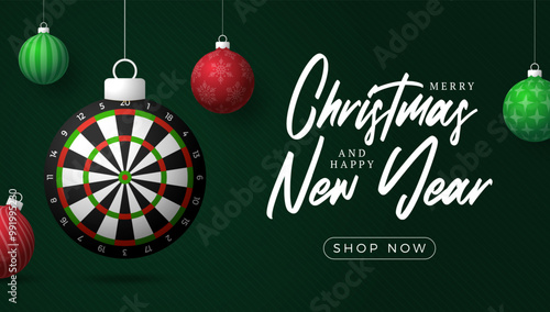 dart board Christmas Greeting card. Merry Christmas and happy new year sport greeting card. Hang on a thread green and red xmas ball bauble
