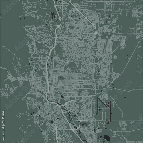 Map of Colorado Springs in Colorado in a smooth dark style. Contains layered vector with roads water, parks, etc.