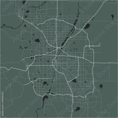 Map of Denver in Colorado in a smooth dark style. Contains layered vector with roads water, parks, etc.