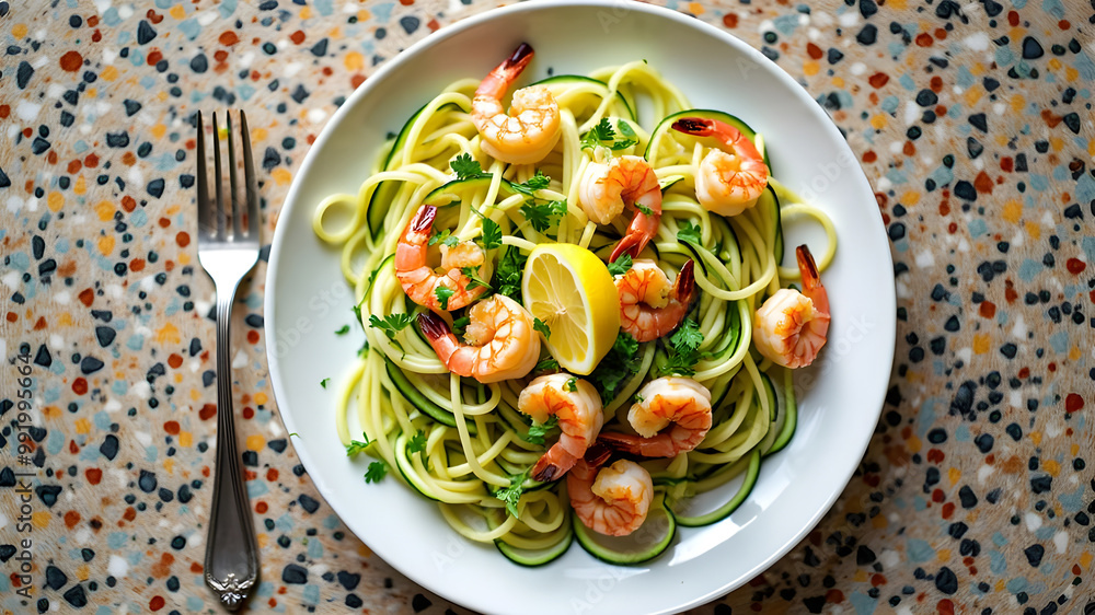 zucchini pasta with grilled shrimp, lemon zest, and parsley, presented on a terrazzo surface, colorful yet modern background zucchini pasta with grilled shrimp, lemon zest, and parsley, presented on a terrazzo surface, colorful yet modern background