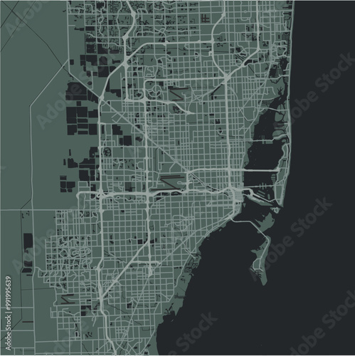 Map of Miami in Florida in a smooth dark style. Contains layered vector with roads water, parks, etc.