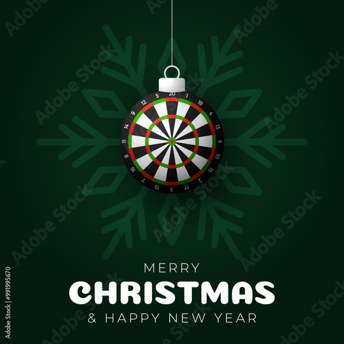 dart board Christmas Greeting card. Merry Christmas and happy new year sport greeting card. Hang on a thread green and red xmas ball bauble