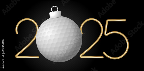 golf 2025 Happy New Year. Sports greeting card with golden number 2025 and ball on the black background. Vector illustration.