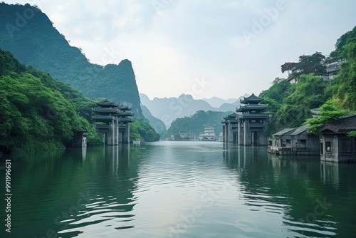 Serene River Landscape with Ancient Architecture in China