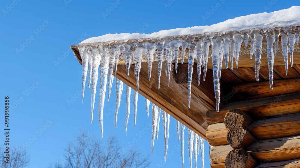 Fototapeta premium Icicles of various lengths hanging from the edge of a rustic wooden cabin roof, glistening against a clear, blue winter sky.