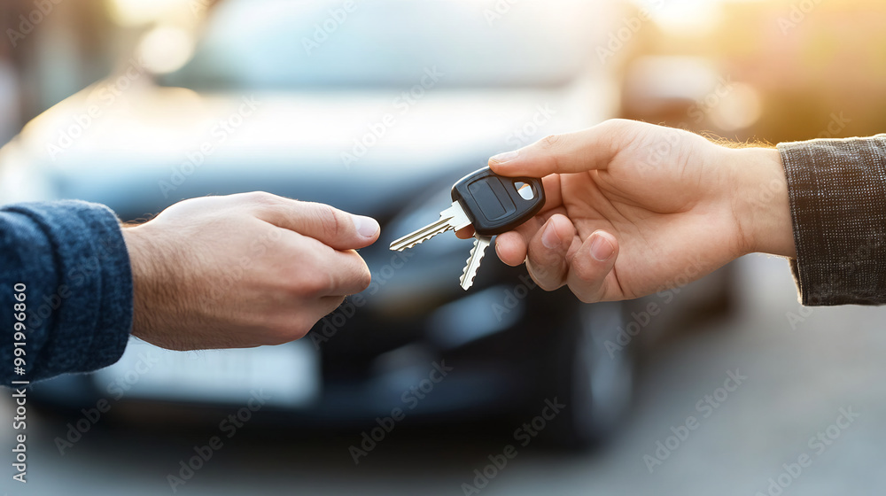 Obraz premium Handing over car keys during a vehicle purchase, symbolizing trust and ownership