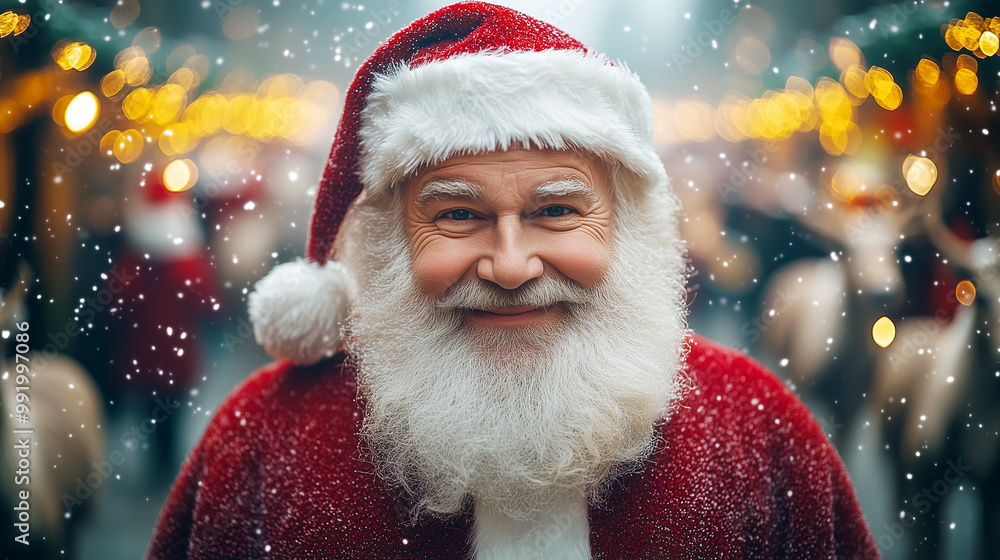 Smiling Santa Claus in the snow with Christmas decorations on the background. Smiling Santa Claus in the snow with Christmas decorations on the background.