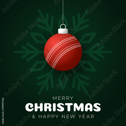 cricket Christmas Greeting card. Merry Christmas and happy new year sport greeting card. Hang on a thread green and red xmas ball bauble
