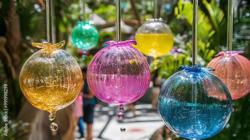 Wampee fruit delicately suspended clear acrylic sculpture openair art installation vibrant tropical color visitor enjoying exhibit softly blurred behind promoting fusion of art nature Scientific name photo