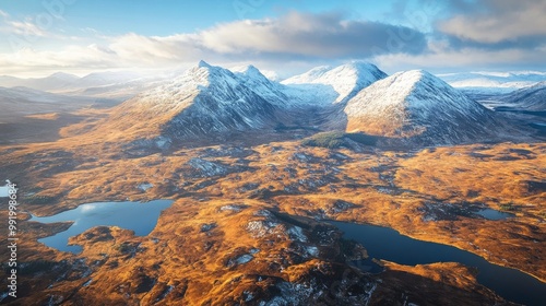 Rannoch Moor and Glencoe in winter from above, snow covering the hills photo