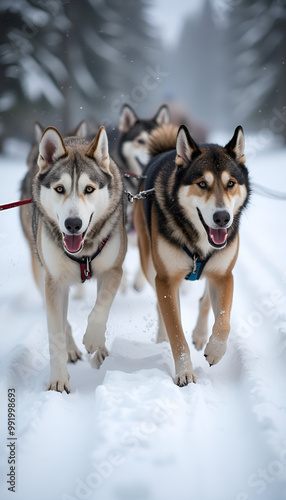 A team of huskies pulling a sled across a snowy landscape