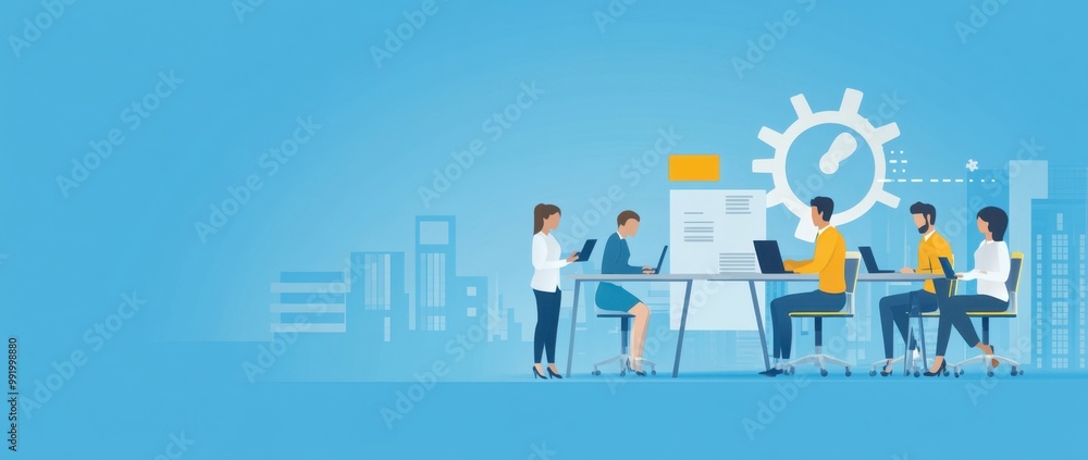Business team working together on a project, a illustration of business people in an office with laptops and documents around a table, doing work at their desks Generative AI Business team working together on a project, a illustration of business people in an office with laptops and documents around a table, doing work at their desks Generative AI