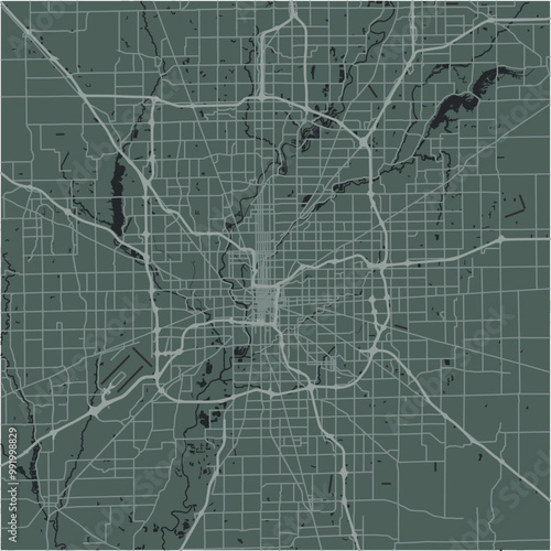 Map of Indianapolis in Indiana in a smooth dark style. Contains layered vector with roads water, parks, etc.