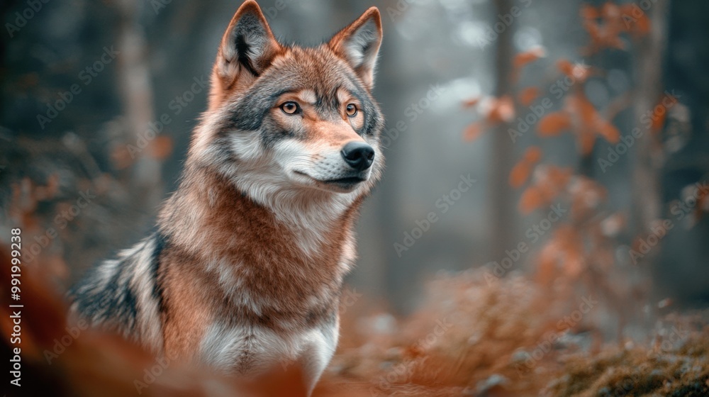 Obraz premium A close up of a wolf looking off into the distance, AI
